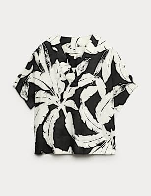 Pure Linen Printed V-Neck Popover Top
