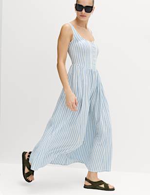 Linen Rich Lace Insert Strappy Midi Shift Dress