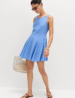 Linen Rich Waisted Mini Shift Dress