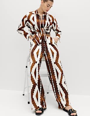 Linen Rich Geometric Drawstring Beach Trousers