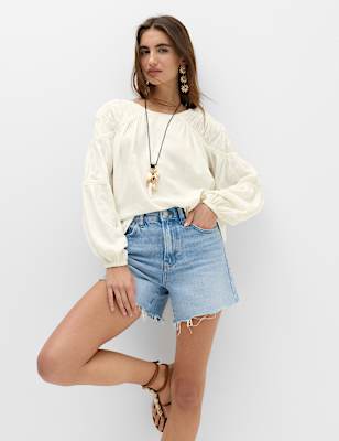 Linen Blend Relaxed Shirred Top