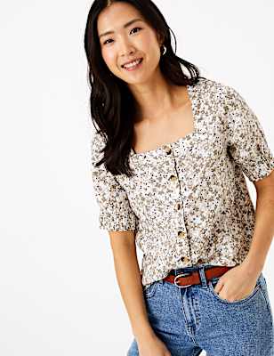 Pure Linen Floral Button Detail Blouse
