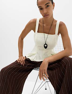 Pure Linen Square Neck Panelled Peplum Top