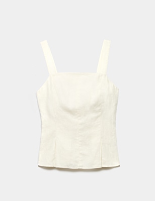 Pure Linen Square Neck Panelled Peplum Top