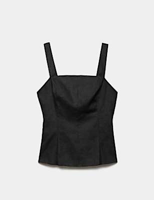 Pure Linen Square Neck Panelled Peplum Top