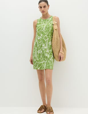 Linen Rich Printed Scallop Mini Shift Dress