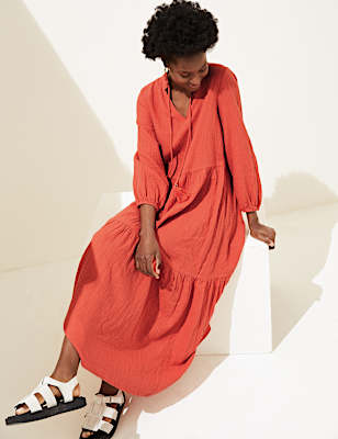 Pure Cotton V-Neck Maxi Tiered Dress