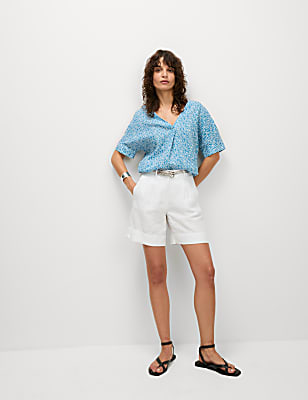 Pure Linen Printed Relaxed Popover Blouse