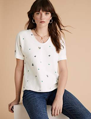 Pure Cotton Floral Embroidered Sweatshirt