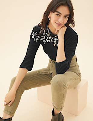 Pure Cotton Embroidered 3/4 Sleeve Top