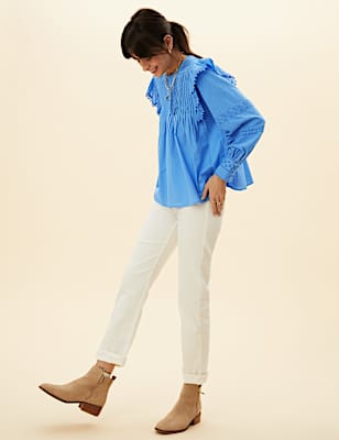 Pure Cotton Pintuck Ruffle Long Sleeve Top
