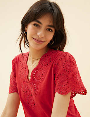 Pure Cotton Broderie V-Neck T-Shirt