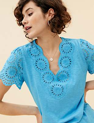 Pure Cotton Broderie V-Neck T-Shirt