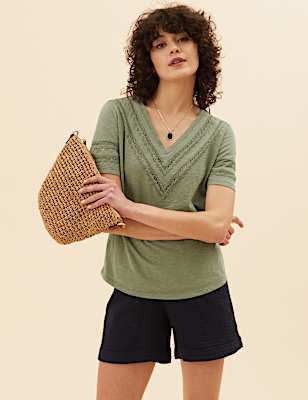Pure Cotton V-Neck Lace Insert T-Shirt