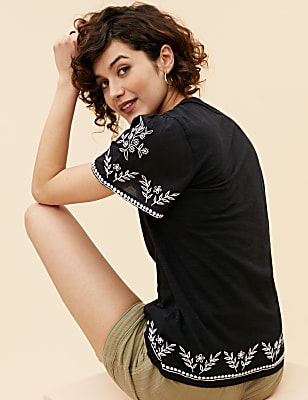 Pure Cotton Embroidered Crew Neck T-Shirt