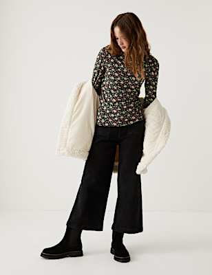 Jersey Floral Funnel Neck Long Sleeve Top