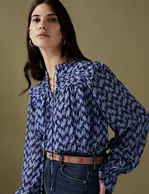 Floral Tie Neck Pintuck Ruffle Blouse