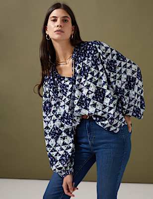 Geometric Tie Neck Puff Sleeve Blouse