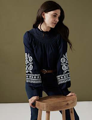 Embroidered Funnel Neck Blouse