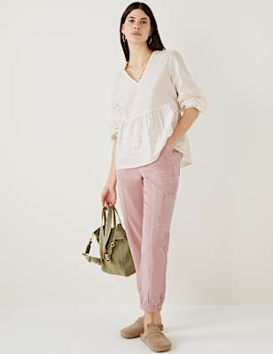 Linen Rich Embroidered V-Neck Blouse