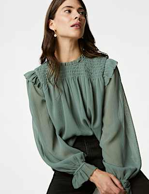 Shirred High Neck Frill Detail Blouse