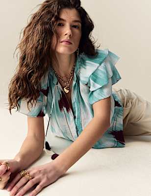 Cotton Rich Printed Tie Neck Frill Detail Top