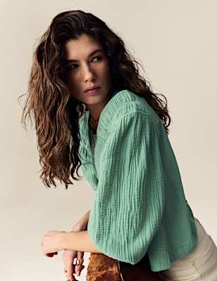 Pure Cotton Blouson Sleeve Popover Blouse