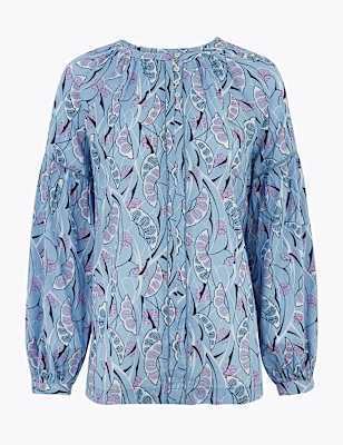 Pure Cotton Printed Blouson Sleeve Blouse