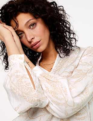 Linen Blend Printed Long Sleeve Blouse