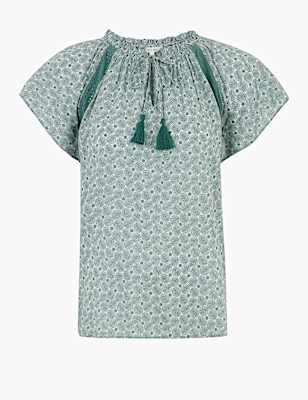 Pure Cotton Leaf Print Short Sleeve Blouse