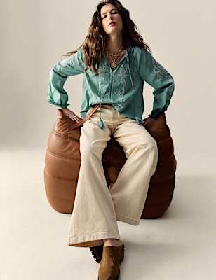 Pure Cotton Embroidered Tie Neck Oversized Blouse