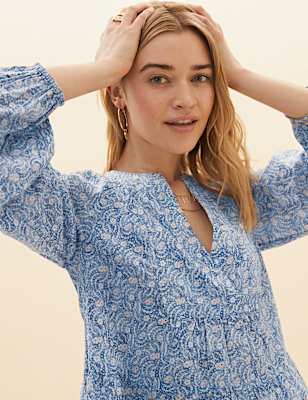 Pure Cotton Floral Blouson Sleeve Blouse