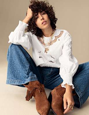 Pure Cotton Embroidered Crew Neck Blouse