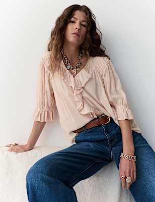 Ruffle V-Neck Poet Blouse