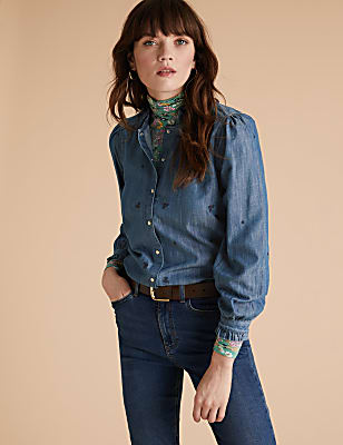 Tencel™ Denim Embroidered Ruffle Blouse