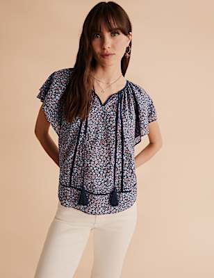 Pure Cotton Floral Tie Front Top