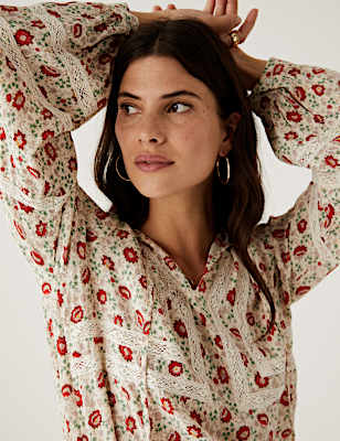 Floral Lace Tie Neck Long Sleeve Blouse