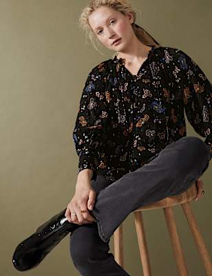 Floral Tie Neck Long Sleeve Blouse