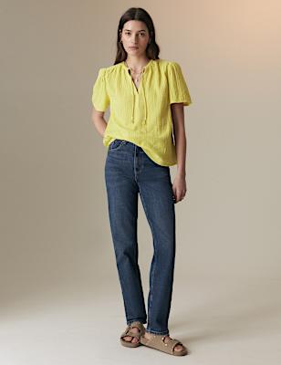 Pure Cotton Textured Tie Neck Blouse