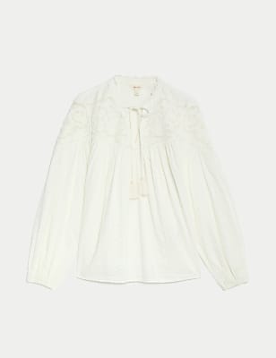 Cotton Rich Embroidered V-Neck Blouse