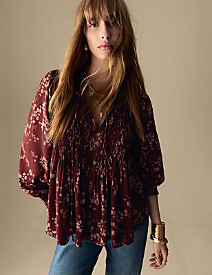 Satin Printed Pleated Tie Neck Blouse