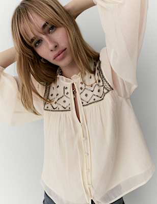 Beaded Yoke Tie Neck Blouson Sleeve Blouse