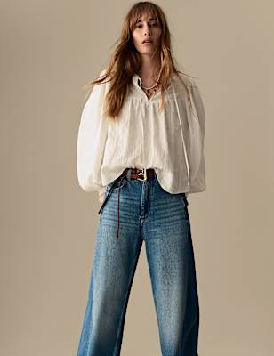 Textured Tie Neck Blouson Sleeve Blouse