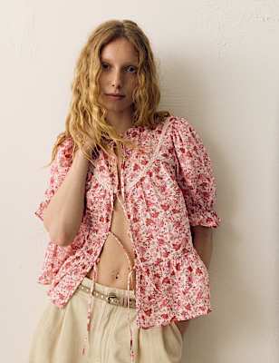 Cotton Rich Printed Tie Front Blouse