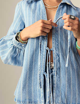 Pure Cotton Striped Tie Front Shacket