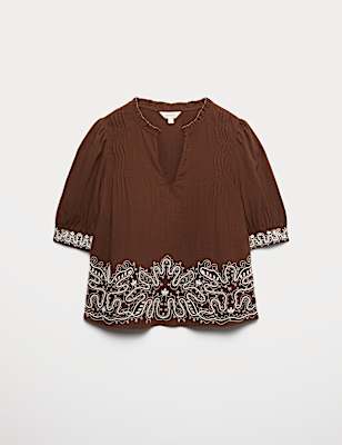 Lyocell Rich Embroidered Notch Neck Blouse