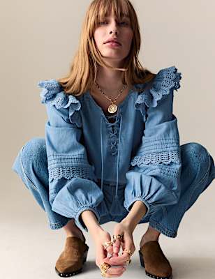 Pure Cotton Lace Up Detail Popover Blouse