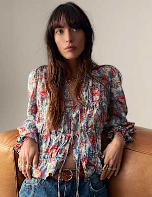 Pure Cotton Floral V-Neck Tie Front Blouse