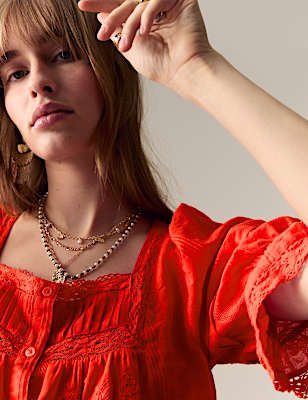 Cotton Rich Square Neck Lace Detail Puff Sleeve Blouse