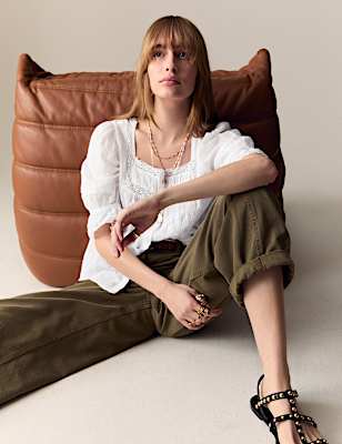 Cotton Rich Square Neck Lace Detail Puff Sleeve Blouse